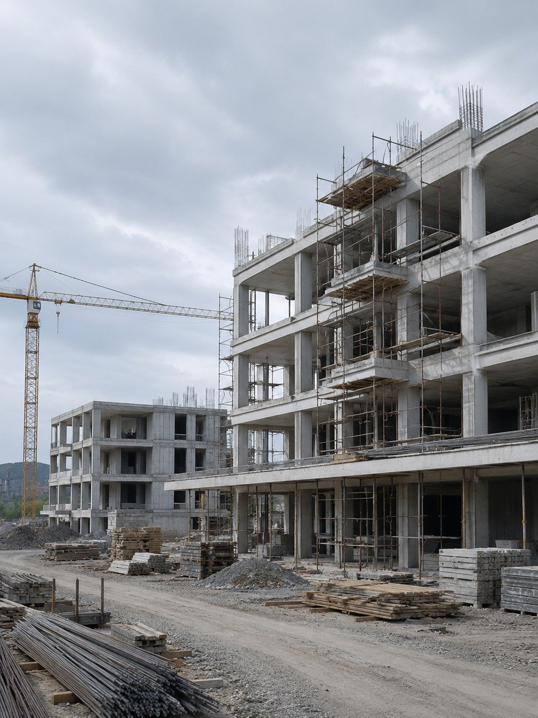 Commercial real estate development transitioning from architectural sketch to completed building